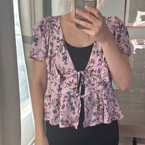 Floral Ruffle Sleeve Women Wrap Soft Pink Lavender Spring Summer Top